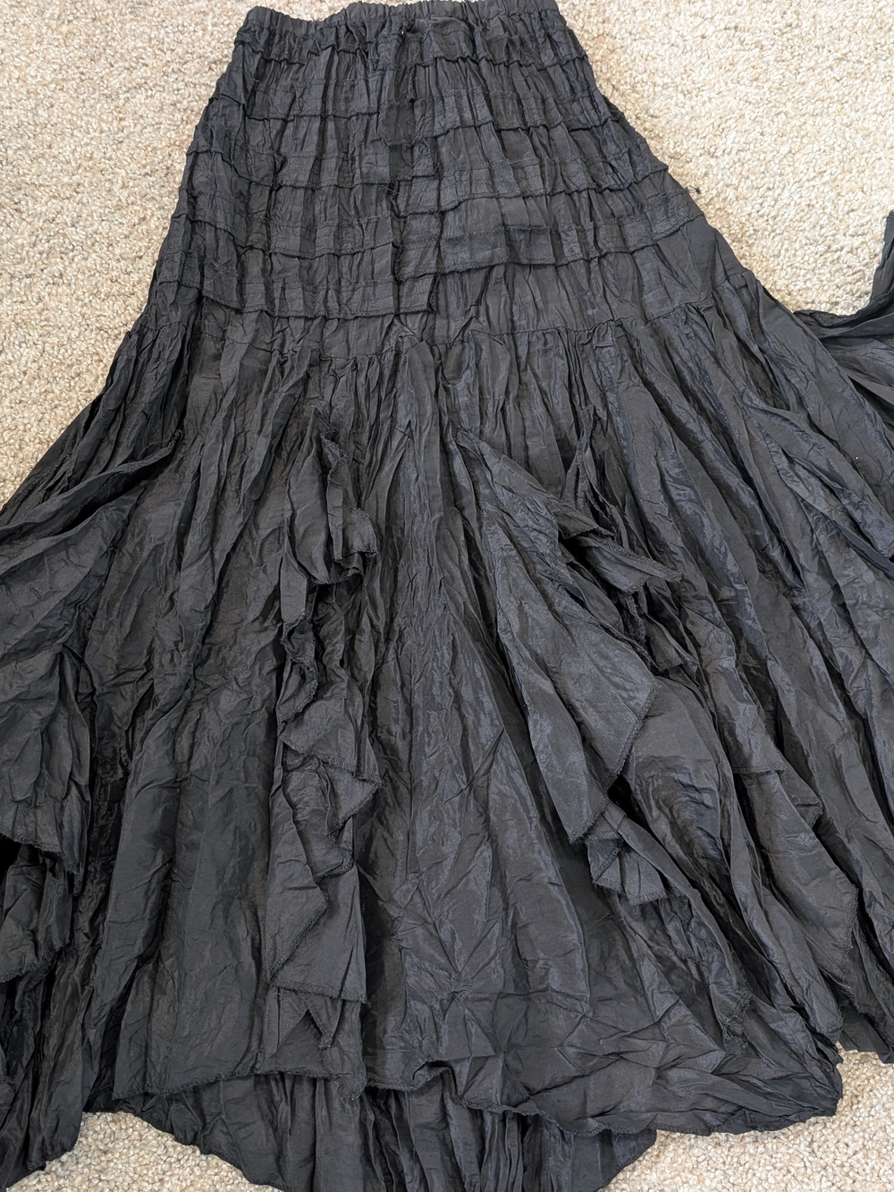 Swallow Black Maxi Skirt S Smocked Elastic Waist Crinkle Tiered Asymmetrical